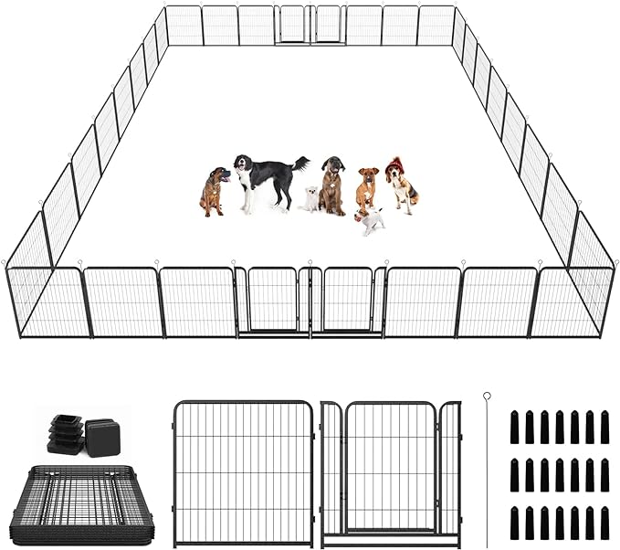 Kfvigoho Dog Playpen Outdoor Extra Wide 32 Piece Panels Heavy Duty Dog Fence 40" Height Anti-Rust with Doors Portable for RV Camping Yard, Total 84FT, 561 Sq.ft, Snowy Black