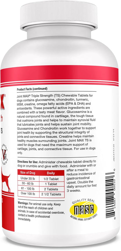 PHS Joint MAX Triple Strength (TS) Chewable Tablets for Dogs - Glucosamine, Chondroitin, MSM - Vitamins, and Antioxidants - Hip and Joint Pain Relief and Support Supplement - Made in USA - 120 Tablets