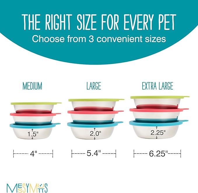 Messy Mutts 6-Piece Set | Three Stainless Steel Bowls and Three Colorful Silicone Lids | Sealable Travel Containers | Portable Food/Water Dishes for Pets | Extra-Large, 6 Cups