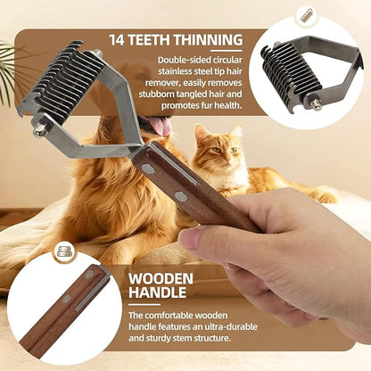 Large 2-Sided Undercoat Rake for Dogs and Cats，Professional Pet Grooming Shedding Tool Combs for animals，Stainless Steel with Wooden Handle for Thick Coats(14-Blades)