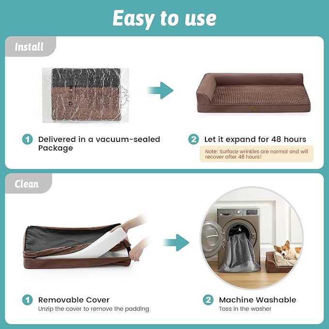 COZY KISS Orthopedic Dog Bed for Large Size Dog, XL Dogs Crate Bed, L Shaped Foam Anti-Slip Bottom Pet Cat Sofa with Washable Removable Cover, Suitable for Pet Up to 100 lbs, 42x30x7.5 inch, Brown