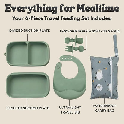 Baby Travel Essentials 6 Pc Silicone Feeding Set - Portable Toddler Plates with Suction, Baby Spoons & Foldable Bib in Carrying Case - BPA-Free Infant & Toddler Utensils for Airplanes & Eating Out