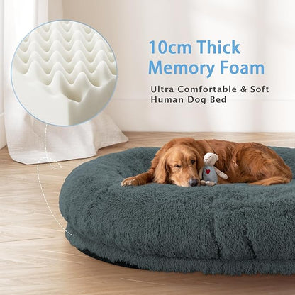 Human Dog Bed, 71''x45''x12'' Size Fits People and Pet 10 CM Thick Memory Foam Washable Adult Large Bed Giant Oversize Foldable Dog Bed with Plump Pillow, Blanket, Strap - Darkgrey