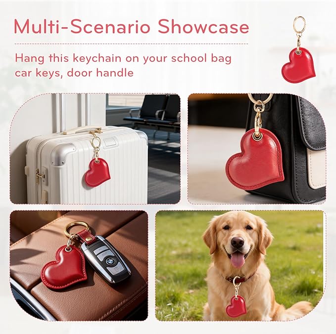 Leather Charm Keychain Holder Case Compatible with AirTag,Cute Protective Heart-Shaped Cover with Luxe Ring Clip,Finder GPS Tracker Case for Wallet Keys,Bag,Pets(Red)