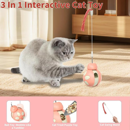 Cat Puzzle Toy for Indoor Cats - Ladybug Design with Treat Dispenser, Tumbler Ball & Detachable Wand Toy | Durable & Safe Interactive Pet Teaser Toy (Pink)