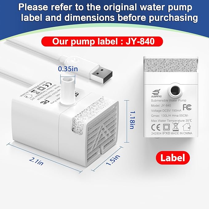 Cat Water Fountain Pump,108oz/3.2L Automatic Stainless Steel Cat Fountain Replacement Pump,Replacement Pump JY-840 Submersible Motor