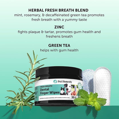 Dog Dental Finger Wipes for Teeth Cleaning Plaque Off - Dental Care for Dogs & Cats, Stain & Tartar Remover for Teeth, Finger Toothbrush Wipes, Fresh Breath & Gum Care with Zinc + Green Tea - 30 ct