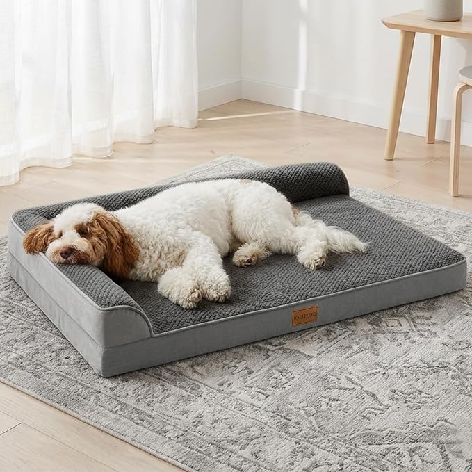 Orthopedic Dog Bed Large Sized Dog 36''X24'', Waterproof L Bolster Egg Crate Foam Pet Crate Beds with Washable Removable Cover, Non-Slip Soft Pet Couch Sleep Mat, Grey
