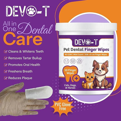 DEVO-T 100% Natural Dog Teeth Cleaning Wipes Mint Scented | 100 Count | Pet Teeth Cleaning Finger Wipes for Dogs, Cats & Horses | Remove Bad Breath, Plaque & Tartar Buildup | Dog Dental Wipes Finger