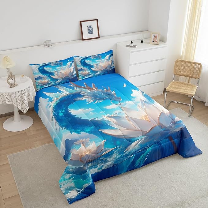 Erosebridal Dragon Bedding Set Twin Blue Comforter Set, White Lotus Floral Duvet Insert Sea Ocean Quilt Comforter, Flower Blossoms Bedding Comforters & Sets 3D Cartoon Room Decoration Microfiber 2pcs