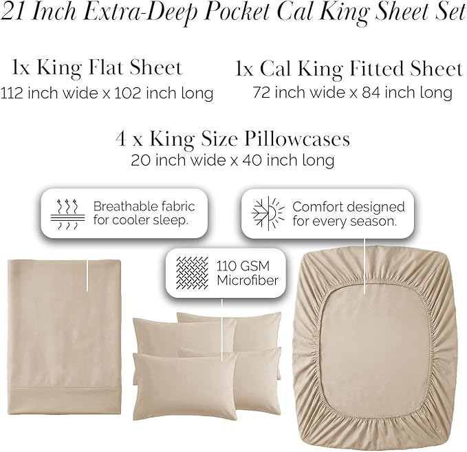 Southshore Fine Living, Inc. 6-Piece California King Sheet Sets, 21-Inch Deep Pocket Cal King Sheet Set, Fitted and Flat Sheet Set, Microfiber Bedding, Tan Pillow Cases, Beige Sheets, Soft Sand