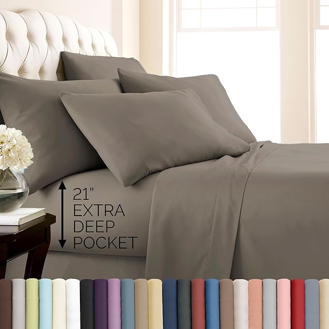 Southshore Fine Living, Inc. 21-Inch Deep Pocket Twin Sheet Set, 4-Piece Microfiber Sheets Twin Size Bed Set, Extra Deep Pocket Fitted Sheet, Dark Taupe Pillow Cases Standard Size, Dark Taupe Sheets