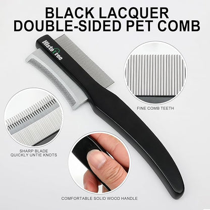 2-in-1 Dog Dematting&Deshedding Comb with Wooden Handle Double-Sided Fine Tooth Metal Flea Comb Pet Grooming Tool for Dogs and Cats Remove Loose Hair Tangles Dirt Fleas