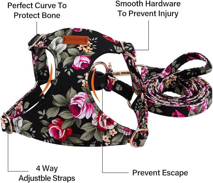 CHEDE No Pull Floral Pattern Dog Harness- Lightweight and Soft Harness, Adjustable Small Dog Harness and Leash Set, with Dog Leash, Suitable for Puppy Small and Medium-Sized Dog (S, Black Flower)