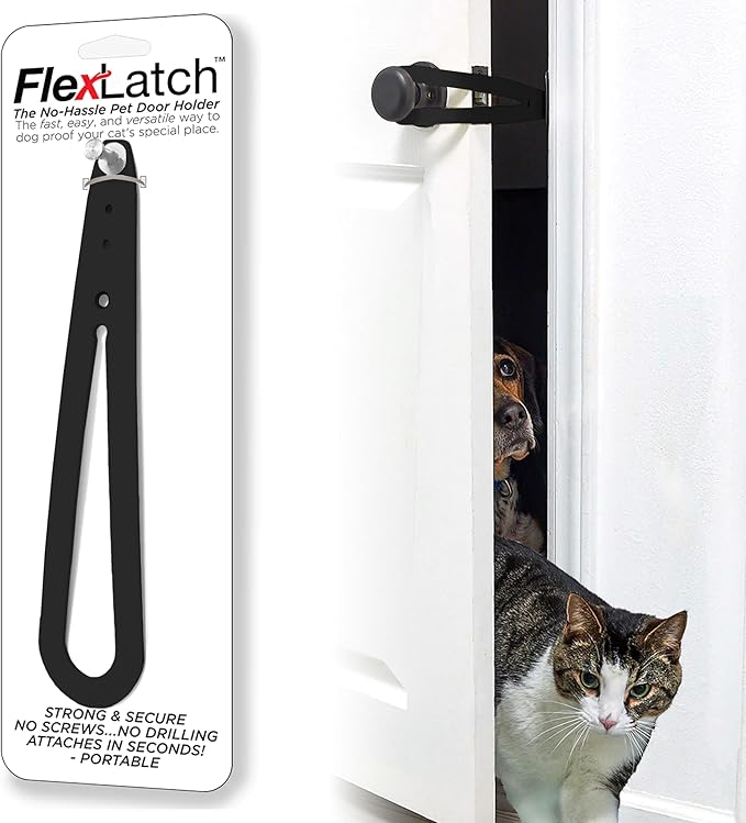 FlexLatch Cat Door Holder Latch - Black Cat Door Alternative Installs Fast Flex Latch Strap Let's Cats in and Keeps Dogs Out of Litter & Food. Safe Baby Proof One Piece No Measuring Extra Easy