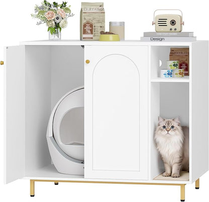 Hzuaneri Extra Large Cat Litter Box Enclosure, Automatic Litter Box Furniture with Scratch Pad, Wooden Modern Self-Cleaning Cat Cabinet with Storage, Cats House, End Table, White and Gold CB87103G