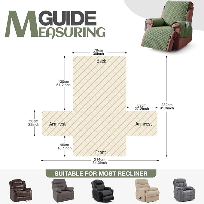 KinCam 100% Waterproof Recliner Chair Cover, Reclining Couch Covers for Pets, Dogs, Recliner Couch Slipcover Furniture Protector with Elastic Straps for Kids(30", Cactus Green)