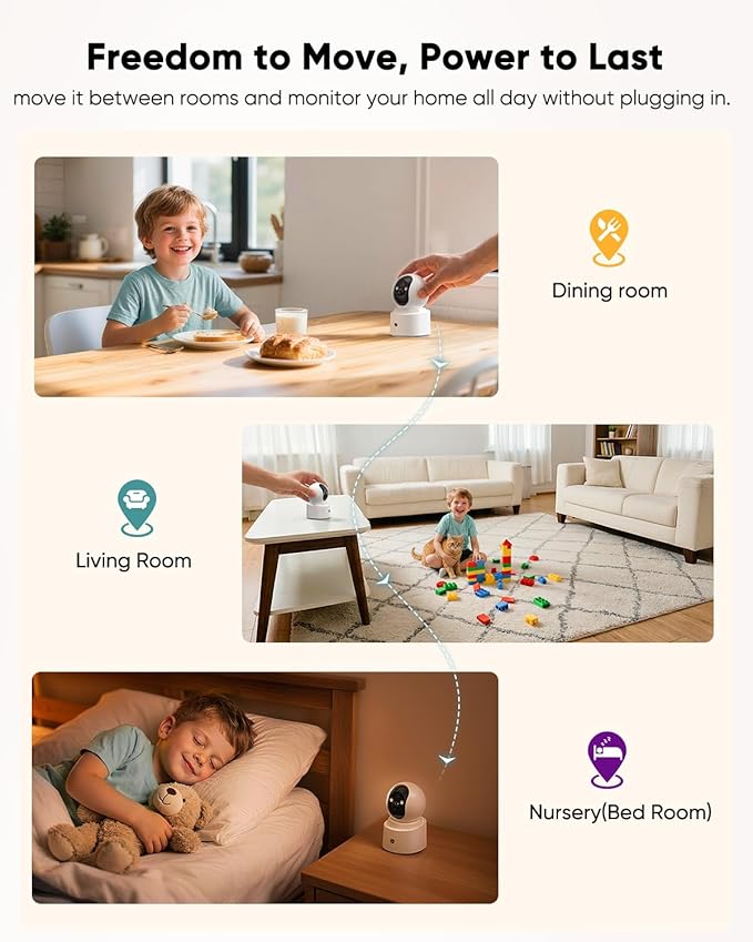 Battery Powered pet camera,true Wireless Indoor Camera, 4MP 2.5K WiFi Camera with Color Night Vision, 355° Pan Tilt, Motion Detection, 2-Way Audio, Dog/Cat/Kids/Baby/Pet Monitor & home security