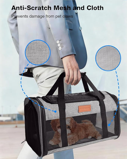 Pet Carrier Airline Approved 17x11x9.5 in - Underseat, Top & Side Entry Soft Dog Cat Travel Carrier with Safety Zippers ＆ Anti-Scratch Mesh for Small Cat and Dog for Pets Up to 10 Lb - Grey
