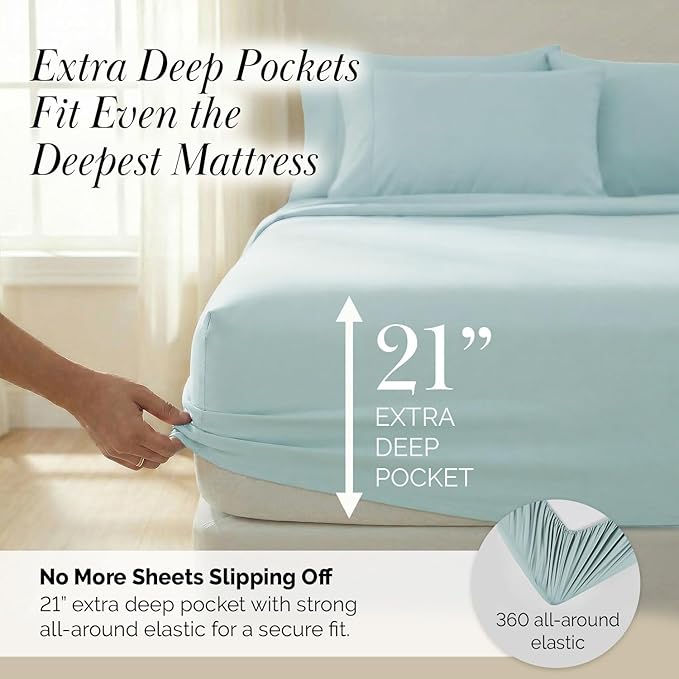 Southshore Fine Living, Inc. 6-Piece Cal King Size Sheets Set, 21-Inch California King Deep Pocket Sheets, 1 Extra Deep Pocket Fitted Sheet, Premium Bedding, Blue Pillow Cases 4 Pack, Sky Blue Bedding