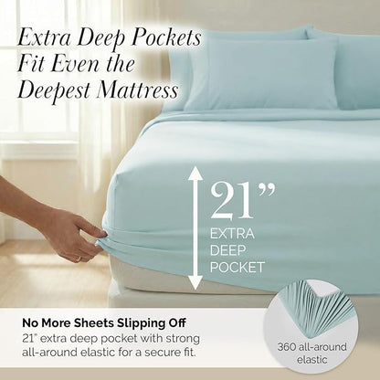 Southshore Fine Living, Inc. 4-Piece Twin XL Bed Sheets, 21-Inch Deep Pocket Sheet Set, Extra Deep Pocket Fitted Sheet, Standard Pillowcases Set of 2, Blue Pillow Cases, Sky Blue Sheets Twin XL