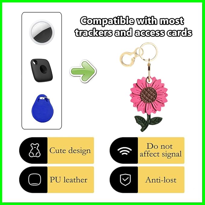 Leather Keychain Holder Case Compatible with AirTag,Cute Protective Cover with Keyring,Anti-Scratch Finder GPS Tracker Case for Wallet Keys,bag,pets,Backpack(Daisy Orange)