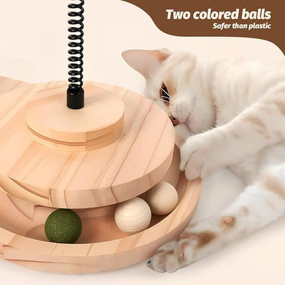 4 in 1 Cat Scratching Post. Wooden Kitten Scratching Post. Kitten Toys for Indoor Cats with Leaky Food Ball and 2 Sisal Hanging Balls. 15.7" Cat Scratcher with 2 Cat Ball Tracks for Kittens