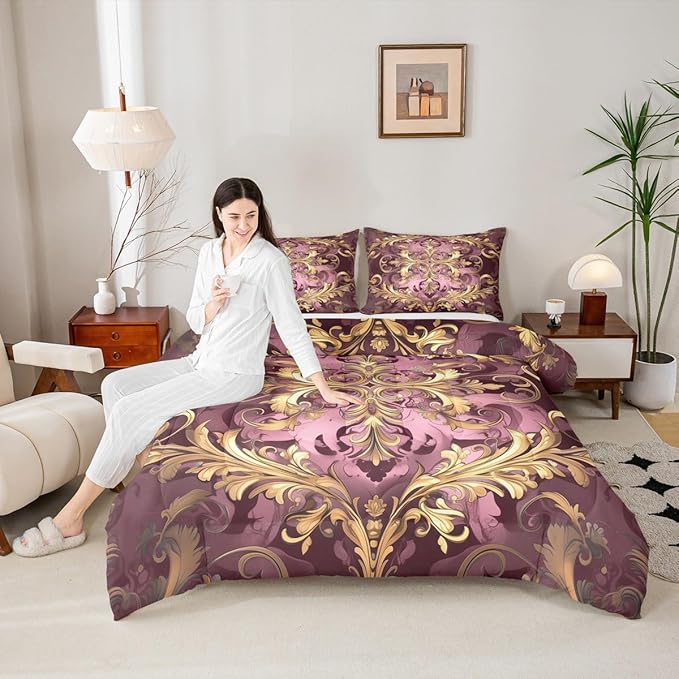Erosebridal Golden Damask Print Bedding Set Toddler Size for Women Adults, Victorian Flower Vintage Fashion Paisley Quilt Set, Boho Aztec Hippie Chic Comforter Sets, Bohemian Exotic Duvet Insert