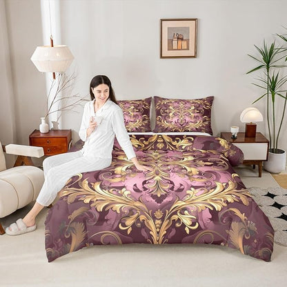 Erosebridal Golden Damask Print Bedding Set Toddler Size for Women Adults, Victorian Flower Vintage Fashion Paisley Quilt Set, Boho Aztec Hippie Chic Comforter Sets, Bohemian Exotic Duvet Insert