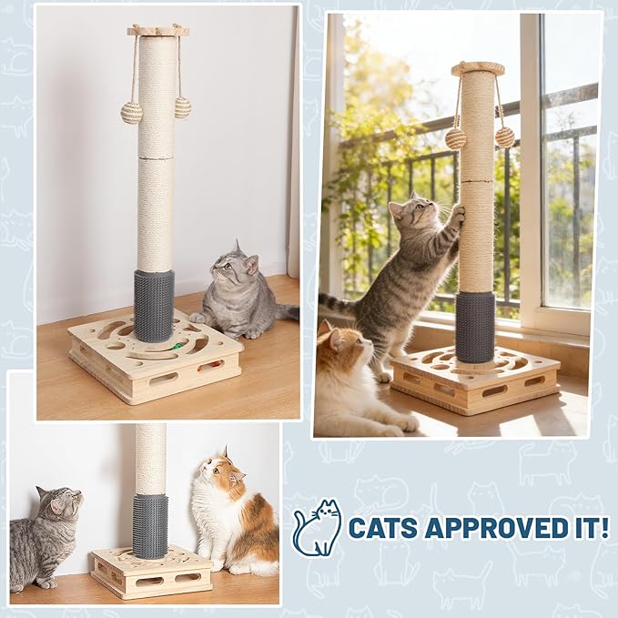 30.3 Inch Large Cat Scratching Post, 4-in-1 Interactive Maze Base with Cat Self Groomer, Natural Pine Wood & Premium Sisal Scratching Pole, Anti-Slip Detachable Design for Indoor Cats