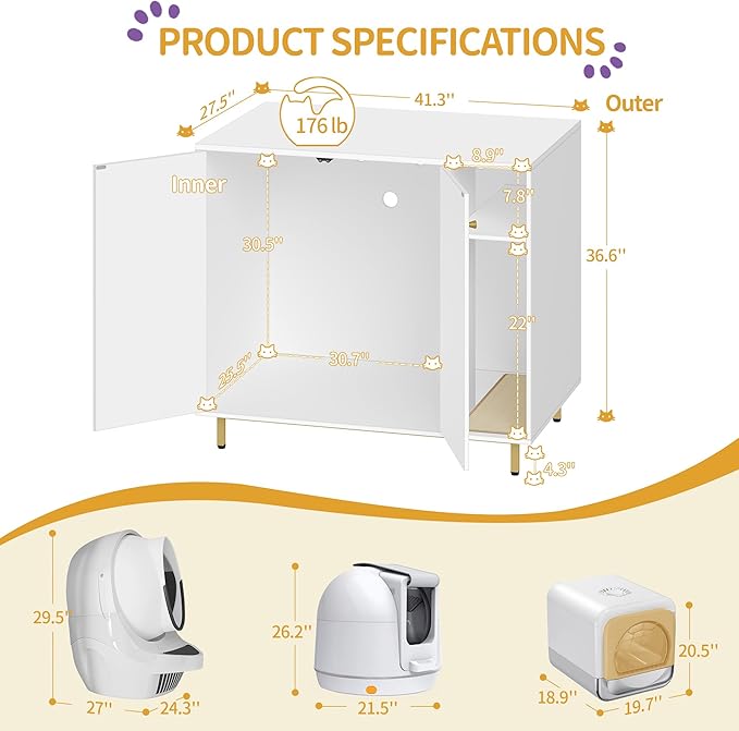 Hzuaneri Extra Large Cat Litter Box Enclosure, Automatic Litter Box Furniture with Scratch Pad, Wooden Modern Self-Cleaning Cat Cabinet with Storage, Cats House, End Table, White and Gold CB87103G
