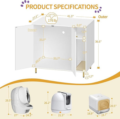 Hzuaneri Extra Large Cat Litter Box Enclosure, Automatic Litter Box Furniture with Scratch Pad, Wooden Modern Self-Cleaning Cat Cabinet with Storage, Cats House, End Table, White and Gold CB87103G