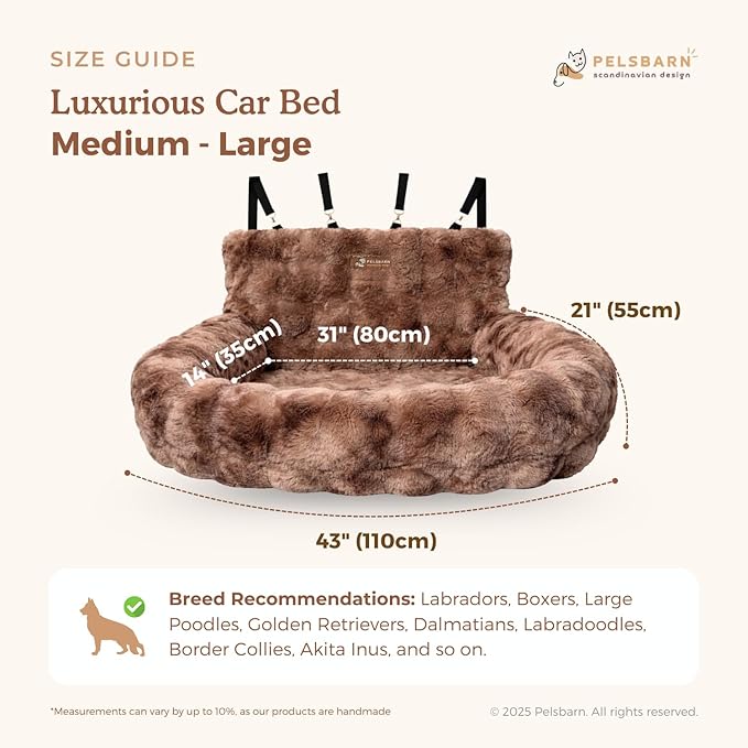Pelsbarn Luxurious Cozy Car Bed - M/L Luxury Travel Dog Bed with Safety Belt - Ultra Soft Faux Fur - Brown