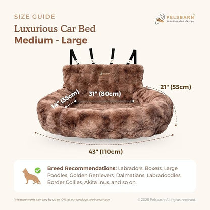 Pelsbarn Luxurious Cozy Car Bed - M/L Luxury Travel Dog Bed with Safety Belt - Ultra Soft Faux Fur - Brown