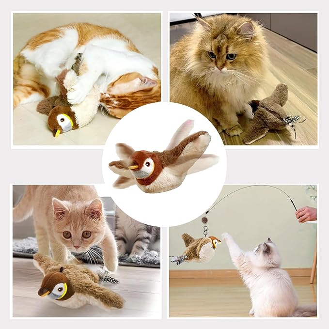 Upgraded Interactive Chirping Bird Cat Toys with Flapping Wings,New Flying Birds Cats Toy, Flying Simulation Electric Sparrow Shaking Hunting Pet Toy for Indoor-Larger (Brown)
