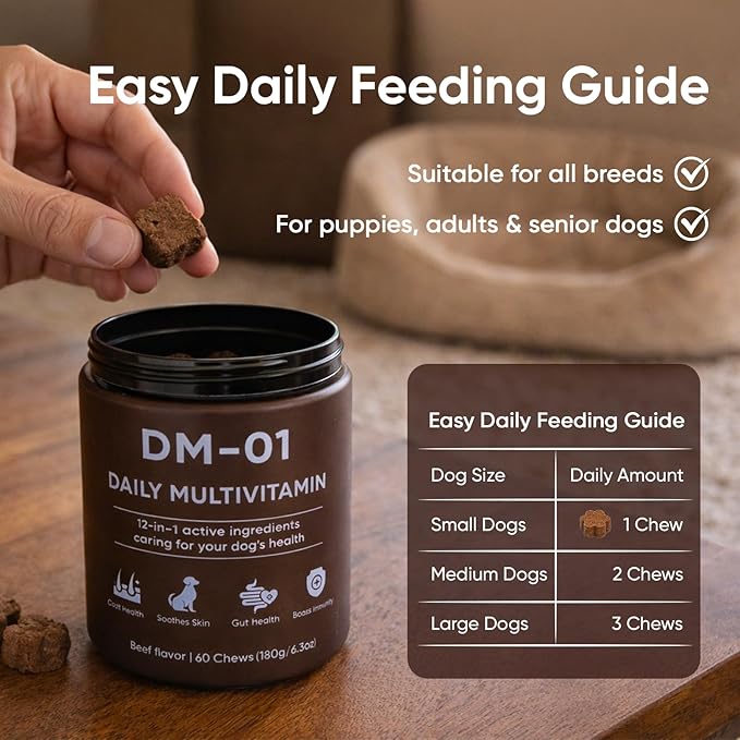 DM-01 Daily Multivitamin for Dogs - Advanced Hip & Joint Support, Boosts Immune System & Digestion, Promotes Skin, Coat & Organ System Health, Enhances Activity & Mood, 60 Chews (1)