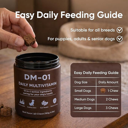 DM-01 Daily Multivitamin for Dogs - Advanced Hip & Joint Support, Boosts Immune System & Digestion, Promotes Skin, Coat & Organ System Health, Enhances Activity & Mood, 60 Chews (1)