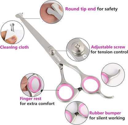 GEMEK Dog Grooming Scissors Set, 4CR Stainless Steel Safety Round Tip Pet Professional Grooming Tool 5 Pieces Kit - Straight, Curved, Thinning Shears & Comb for Dogs, Cats and Other Animals