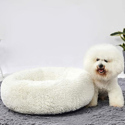 HACHIKITTY Calming Donut Cuddler Dog Bed, Round Fluffy Pet Bed for Small Dogs,Washable, Large, White, 24''