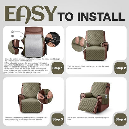 KinCam 100% Waterproof Recliner Chair Cover, Reclining Couch Covers for Pets, Dogs, Recliner Couch Slipcover Furniture Protector with Elastic Straps for Kids(23.6", Gray Green)