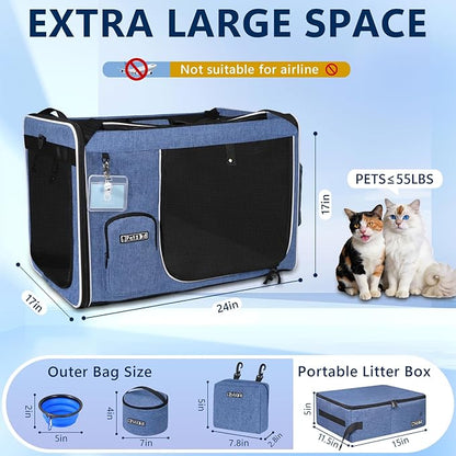 Petskd Extra Large Cat Carrier with Litter Box for Car Travel,24"x17"x17"Portable Soft-Sided Pet Carrier with Zipper Locks for Large Mudium Cats or 2 Small Cats Under 55LBS(Blue)