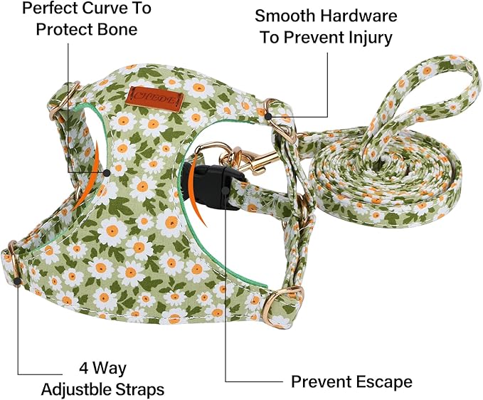 CHEDE No Pull Floral Pattern Dog Harness- Lightweight and Soft Harness, Adjustable Small Dog Harness and Leash Set, with Dog Leash, Suitable for Puppy Small and Medium-Sized Dog (S, Green Daisy)