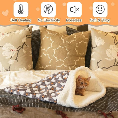 Self Heating Cat Sleeping Bag Indoor Self Warming Cat Bed Cave Heated Pad Cozy Soft Winter Washable Wrap Pet Snuggle Sack Pouch for Puppy Dog Kitten, 24 x 21 Inch(Cute,Gray)
