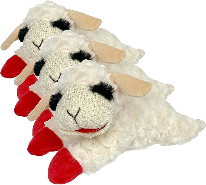 Multipet Lamb Chop Dog Plush Toy - Squeaky Toy for Small & Medium Dogs - Extra Soft Plush - Stuffed Animal for Cuddling & Playing 10" Cream, 5 Squeakers (Pack of 3)