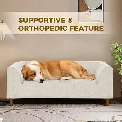Dog Sofa Bed for Medium Dogs with Backrest and Armrest, Memory Foam Dog Sofa Couch, Modern Elevated Pet Couch Bed with Wooden Legs, Beige
