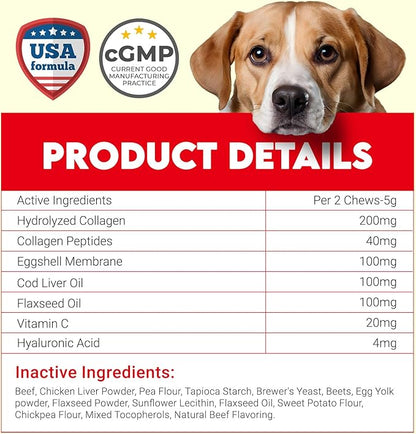 Collagen for Dogs - 150 Chews - Joint, Skin & Coat Supplement with Hyaluronic Acid, Eggshell Membrane & Vitamin C - Daily Hip & Joint Support for Senior Dogs & Puppies - Beef
