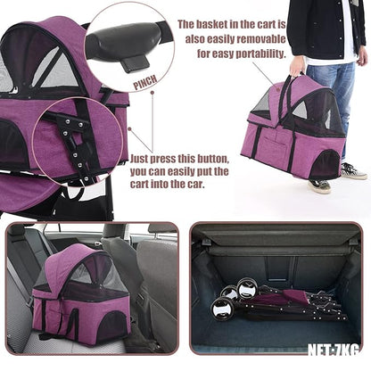 NChanmar Dog Stroller Cat Pet stoller 3-in-1 Folding for Small Medium Dogs Cats with Detachable Carrier Storage Basket Waterproof Lightweight Travel,Purple, 3 Wheels, 7.0 kilograms
