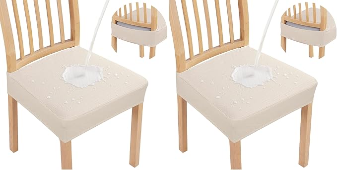 Smiry Waterproof Seat Covers for Dining Room Chairs Set of 4, Stretch Jacquard Removable Washable Chair Seat Slipcovers Protector, No Rear Covers, Beige (Pack of 2)