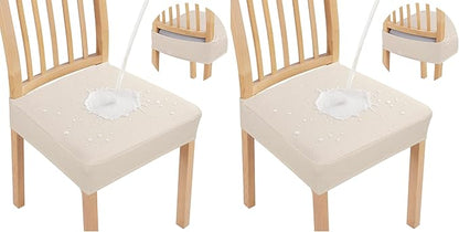 Smiry Waterproof Seat Covers for Dining Room Chairs Set of 4, Stretch Jacquard Removable Washable Chair Seat Slipcovers Protector, No Rear Covers, Beige (Pack of 2)