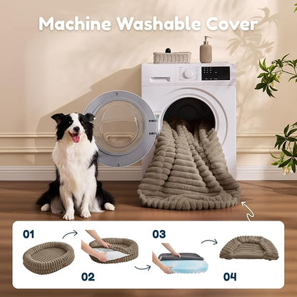 ChiXnuggle Dog Bed Medium Sized Dog - Luxury Striped Faux Fur Waterproof Dog Couch with Removable Washable Cover, Orthopedic Dog Bed with Bolster Sides for Sleeping, Taupe